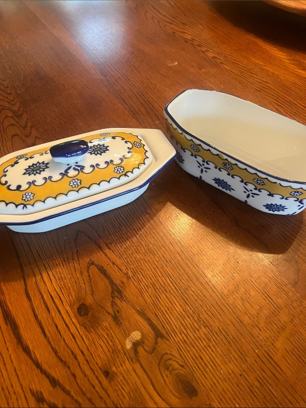 Vintage Cook Street Ceramic Covered Butter Dish 3 Pieces Yellow Blue Floral VG